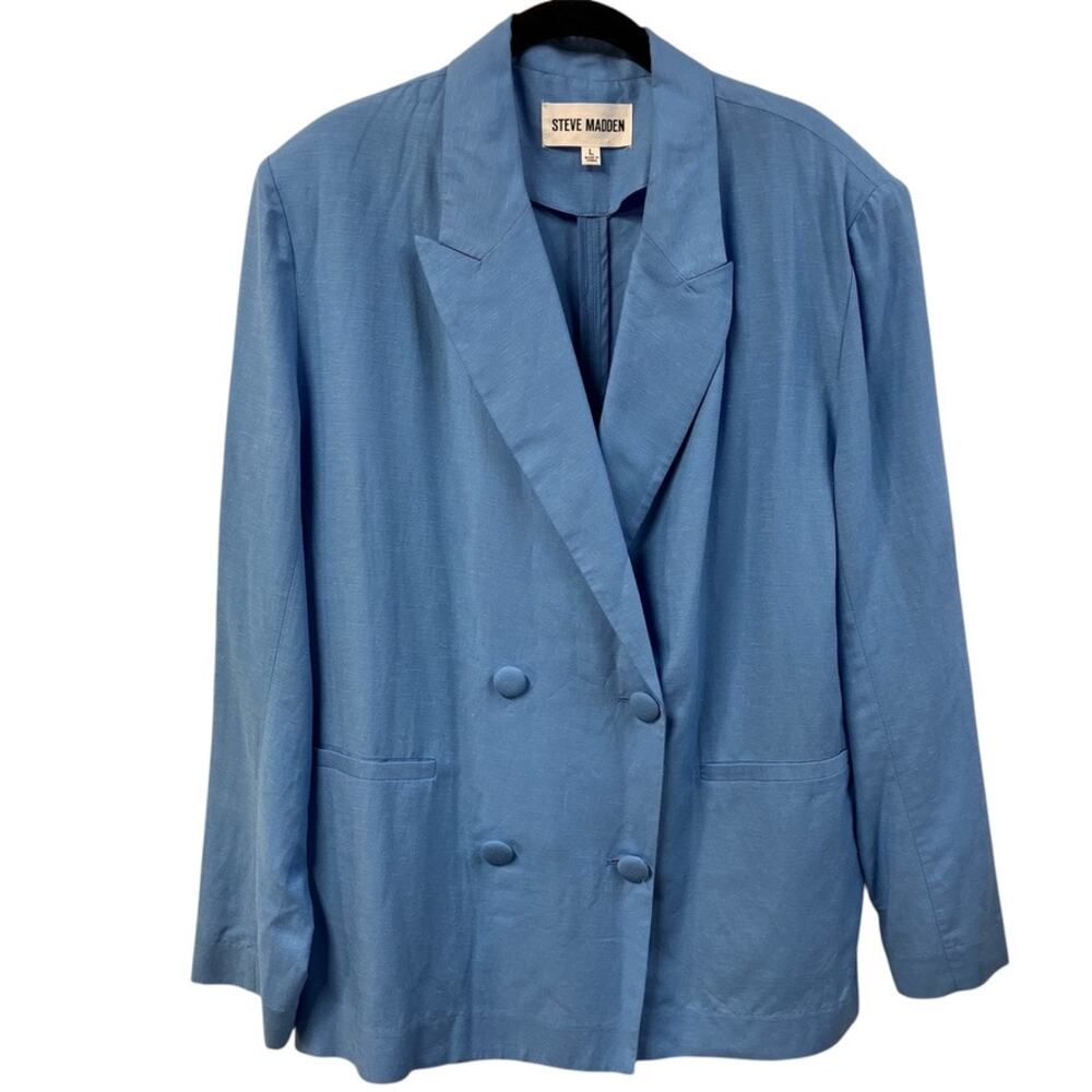 Steve Madden Women's Baldwin Blazer L Blue Rayon Linen Spring 90's‎ Boxy Relaxed